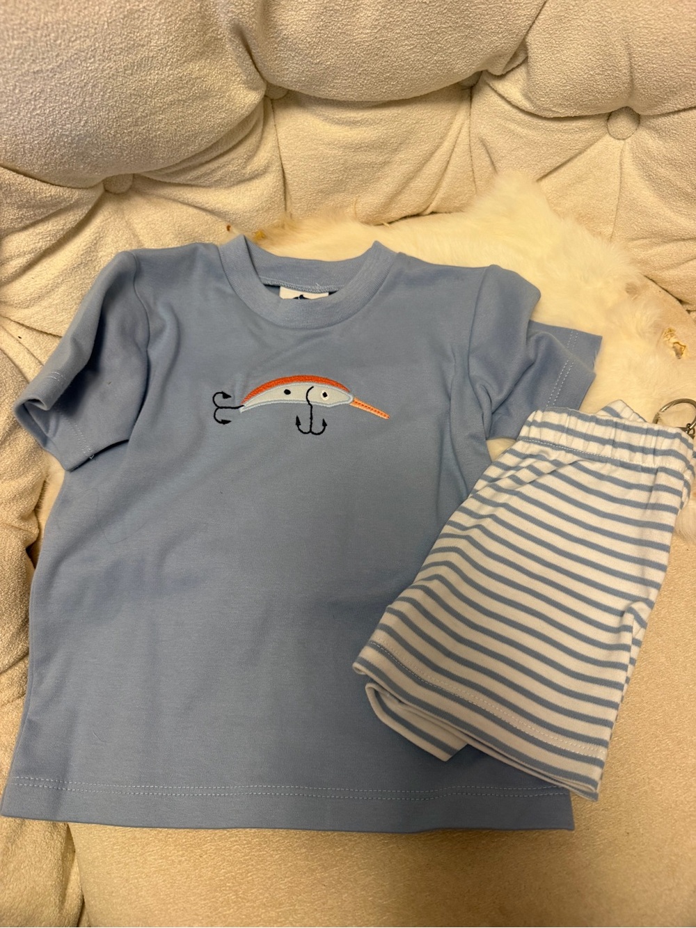 Light Blue Short-Sleeve Kids Pajama Set with Striped Shorts